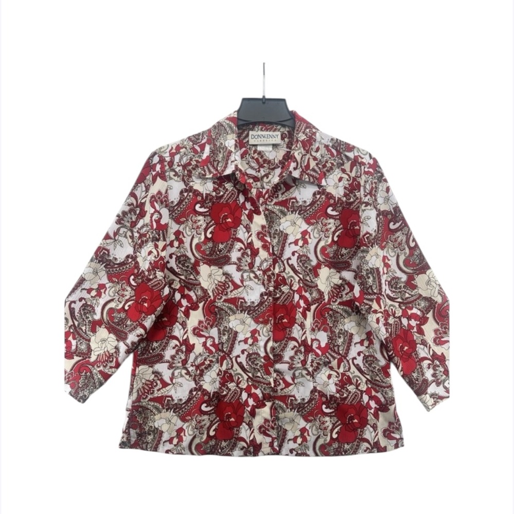 Vintage Donnkenny Blouse Womens XL Burgundy Floral Button Up Lightweight